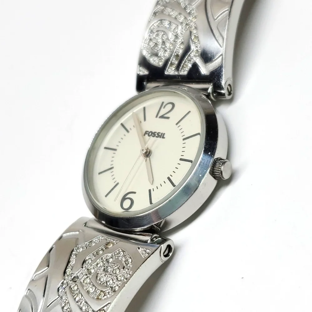 Fossil Blue ES2763 Silver Steel Bangle Floral Pave Wristband White Face